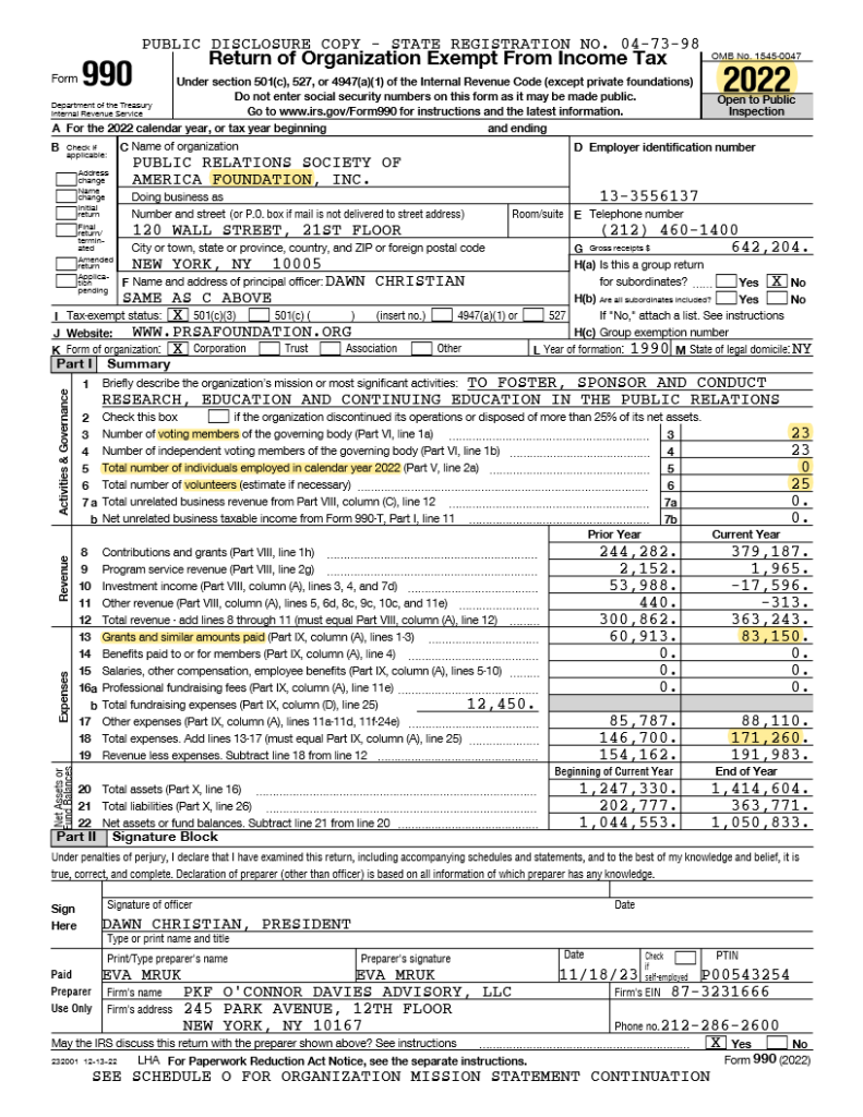 PAGE 1 -- PRSA Foundation IRS Form 990 filing (2022)